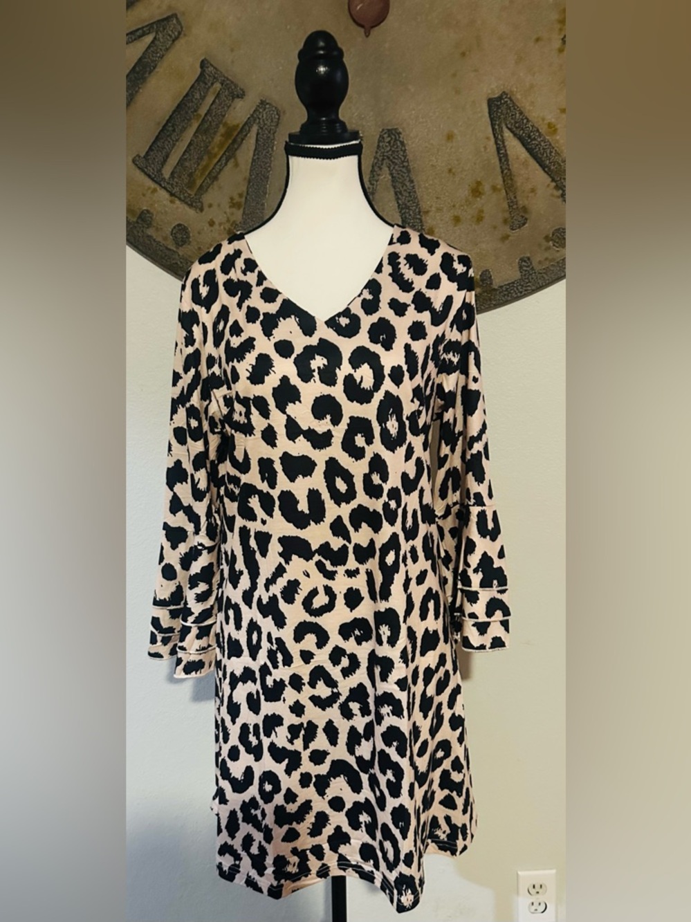 Leopard Print V-Neck Tunic Dress in Beige & Black